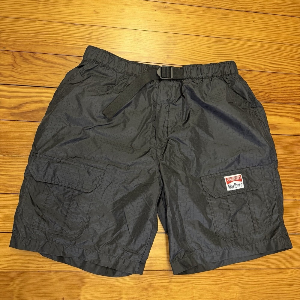 Marlboro Unlimited Swim Shorts Mens Medium Black Cargo Nylon Mesh Lined Trunks